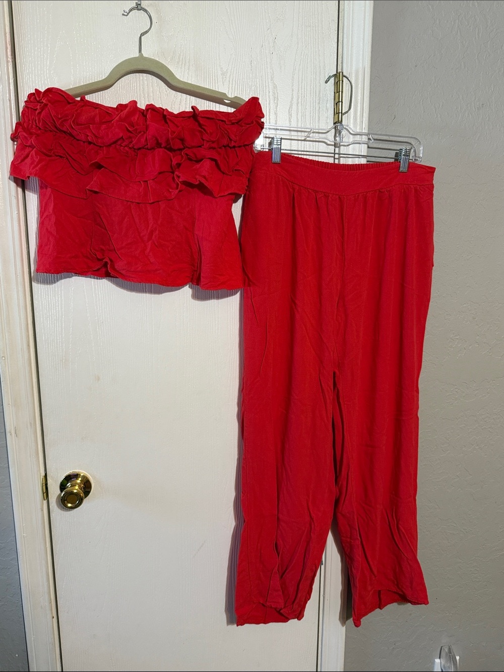 Sienna Sky Red Ruffled Off-Shoulder Top & Wide-Leg Pants Set
